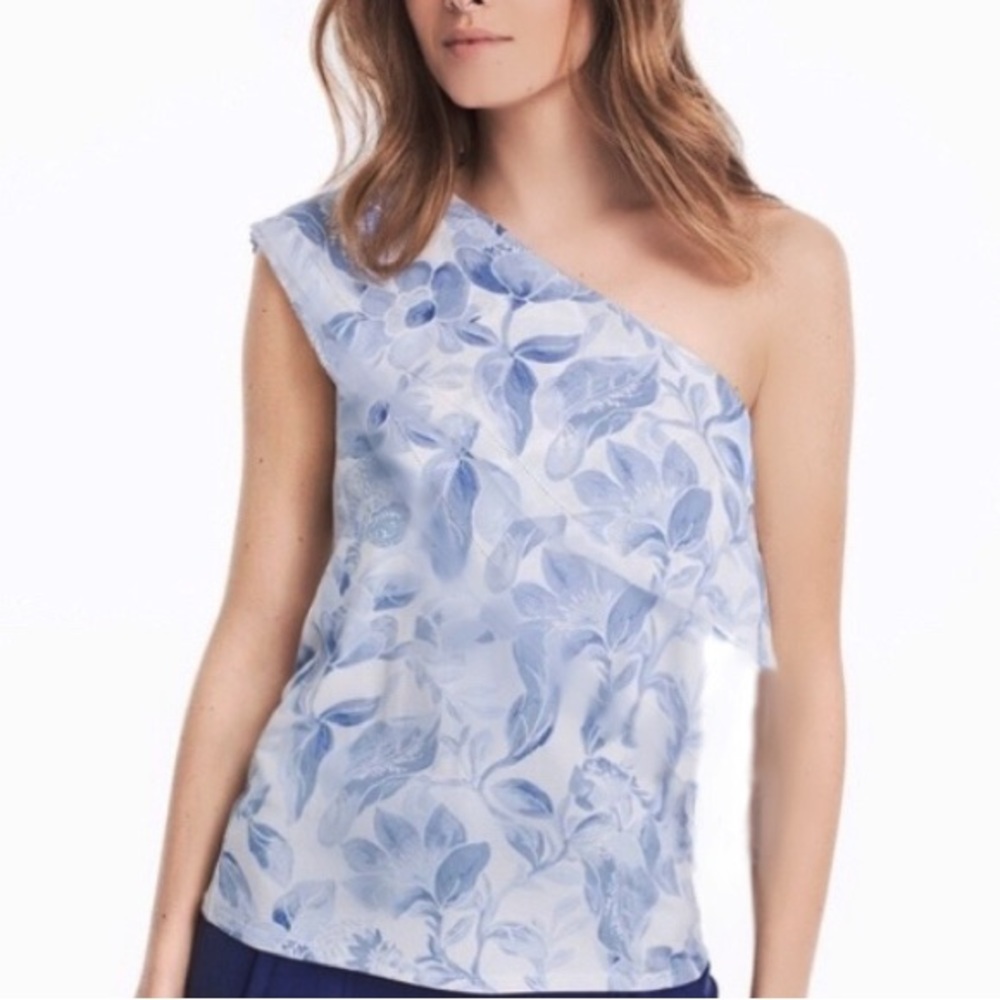 WHBM Blue White Floral double draped one shoulder Top